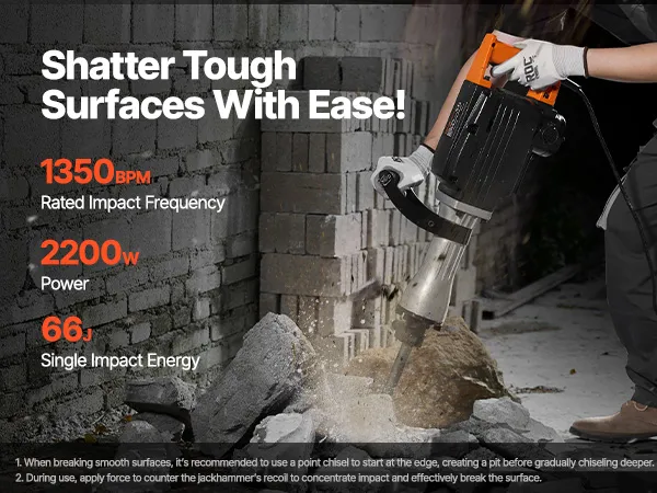 Martillo demoledor VEVOR para romper hormigón con motor de alta potencia, cuerpo de aluminio y broca firme.