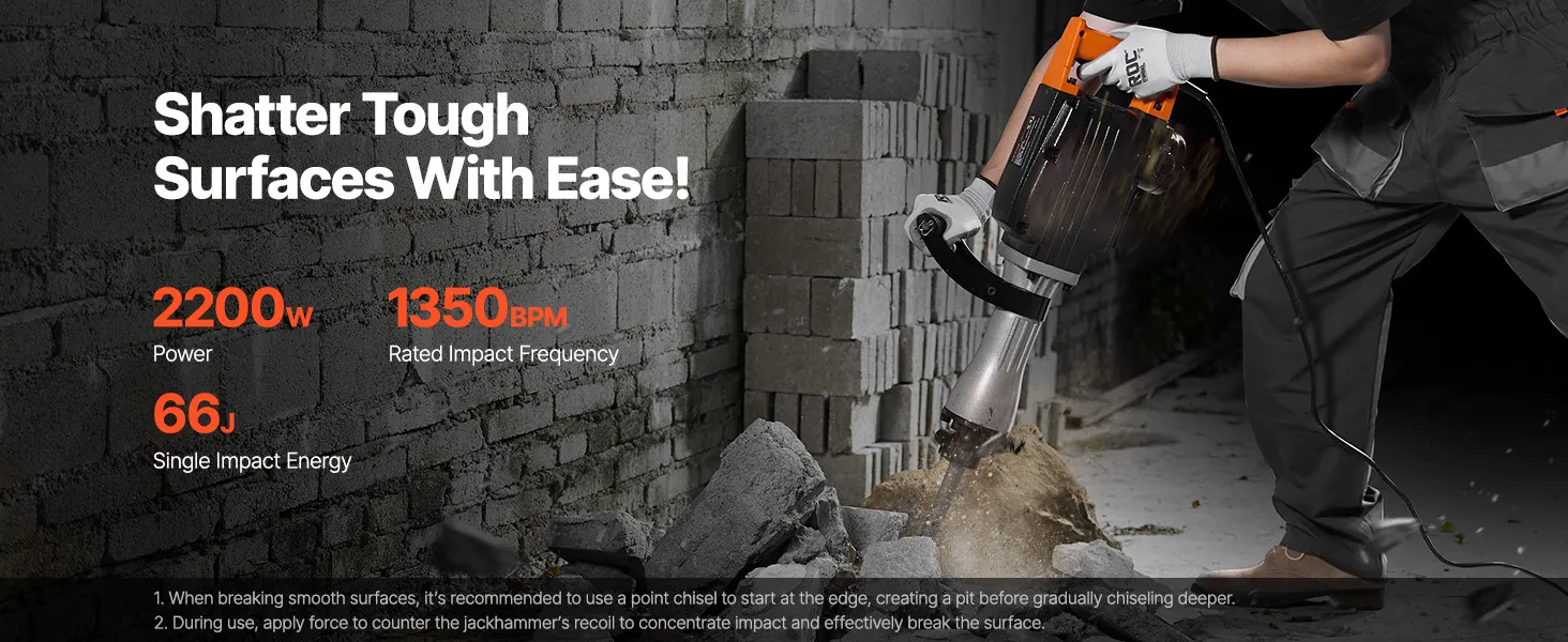 Martillo demoledor VEVOR para romper hormigón con motor de alta potencia, cuerpo de aluminio y broca firme.