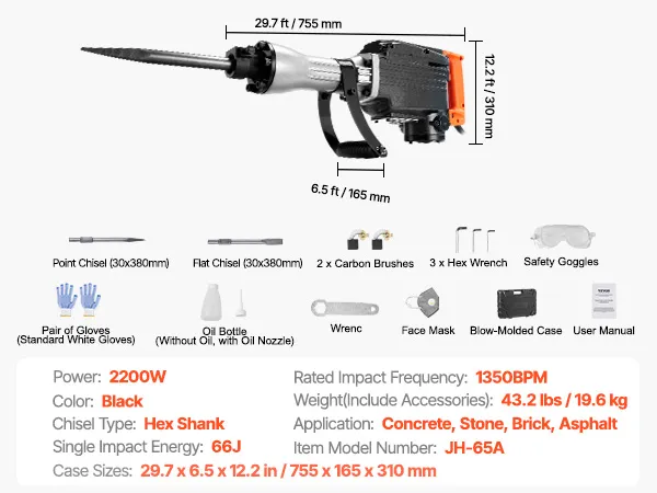 Especificaciones del martillo demoledor VEVOR con potencia de 2200 W, cinceles puntiagudos y planos y estuche compacto.