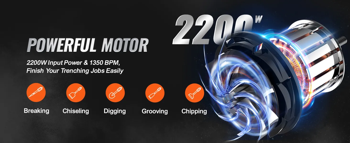 Potente motor, 2200 W de potencia de entrada y 1350 BPM para romper, cincelar, cavar, ranurar y picar. Martillo demoledor VEVOR.