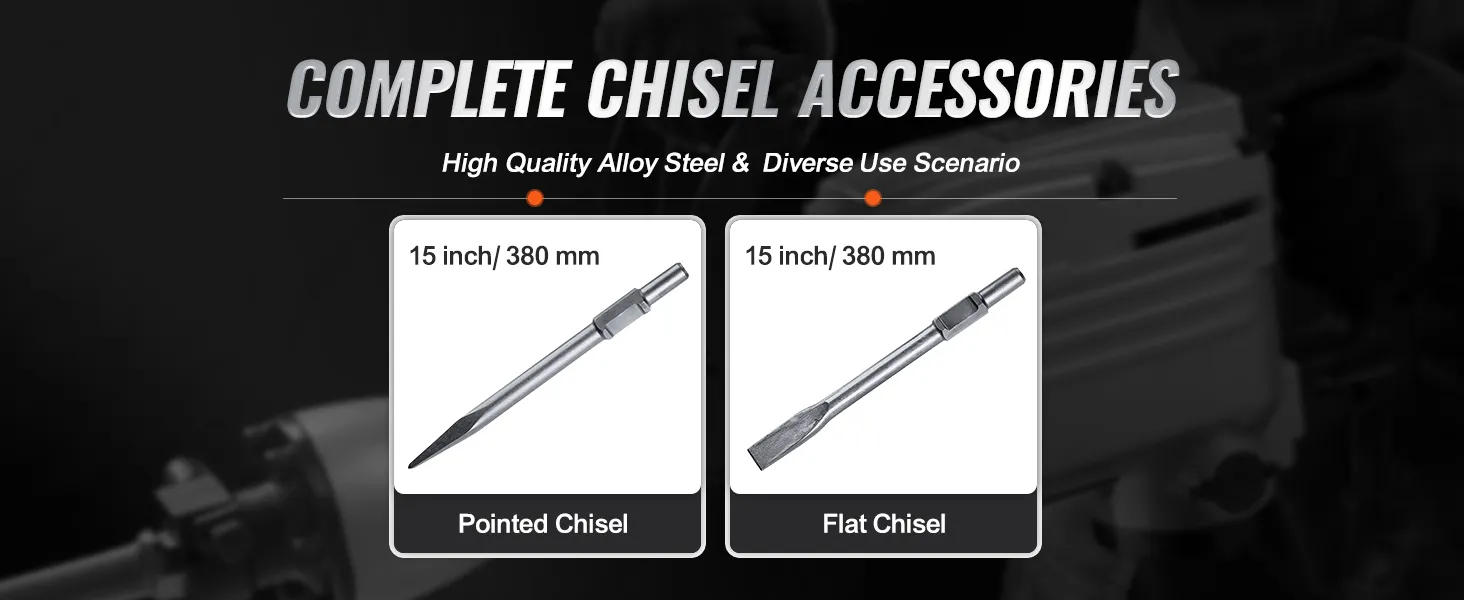 Accesorios de cincel completos para el martillo demoledor VEVOR, con cinceles puntiagudos y planos.