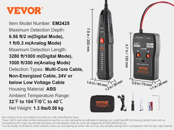 VEVOR ondergrondse kabelzoeker em2425, maximale detectiediepte van 2 meter, inclusief essentiële accessoires.