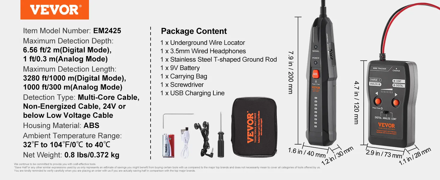 VEVOR ondergrondse kabelzoeker em2425, maximale detectiediepte van 2 meter, inclusief essentiële accessoires.