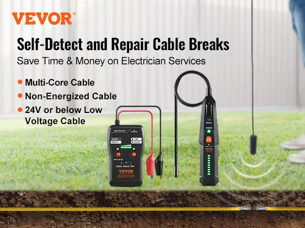 VEVOR ondergrondse kabelzoeker repareert ondergrondse laagspanningskabels in de tuin.