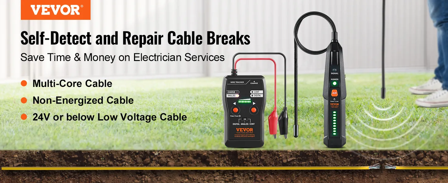 VEVOR ondergrondse kabelzoeker repareert ondergrondse laagspanningskabels in de tuin.