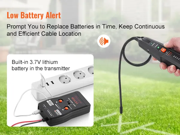 VEVOR ondergrondse kabelzoeker met waarschuwing voor lage batterijspanning en ingebouwde 3,7 V lithium batterij in de zender.