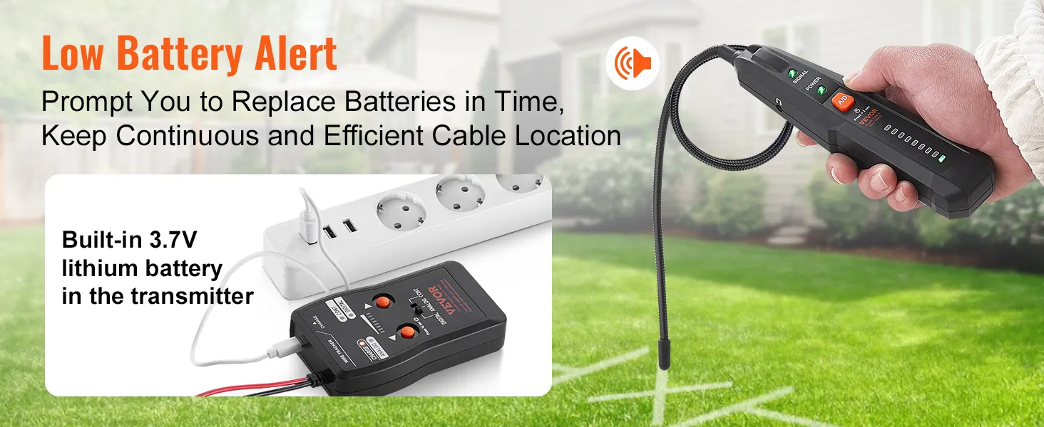 VEVOR ondergrondse kabelzoeker met waarschuwing voor lage batterijspanning en ingebouwde 3,7 V lithium batterij in de zender.