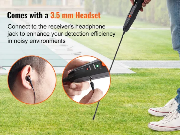 VEVOR ondergrondse kabelzoeker met 3,5 mm hoofdtelefoon voor verbeterde detectie in lawaaiige omgevingen.