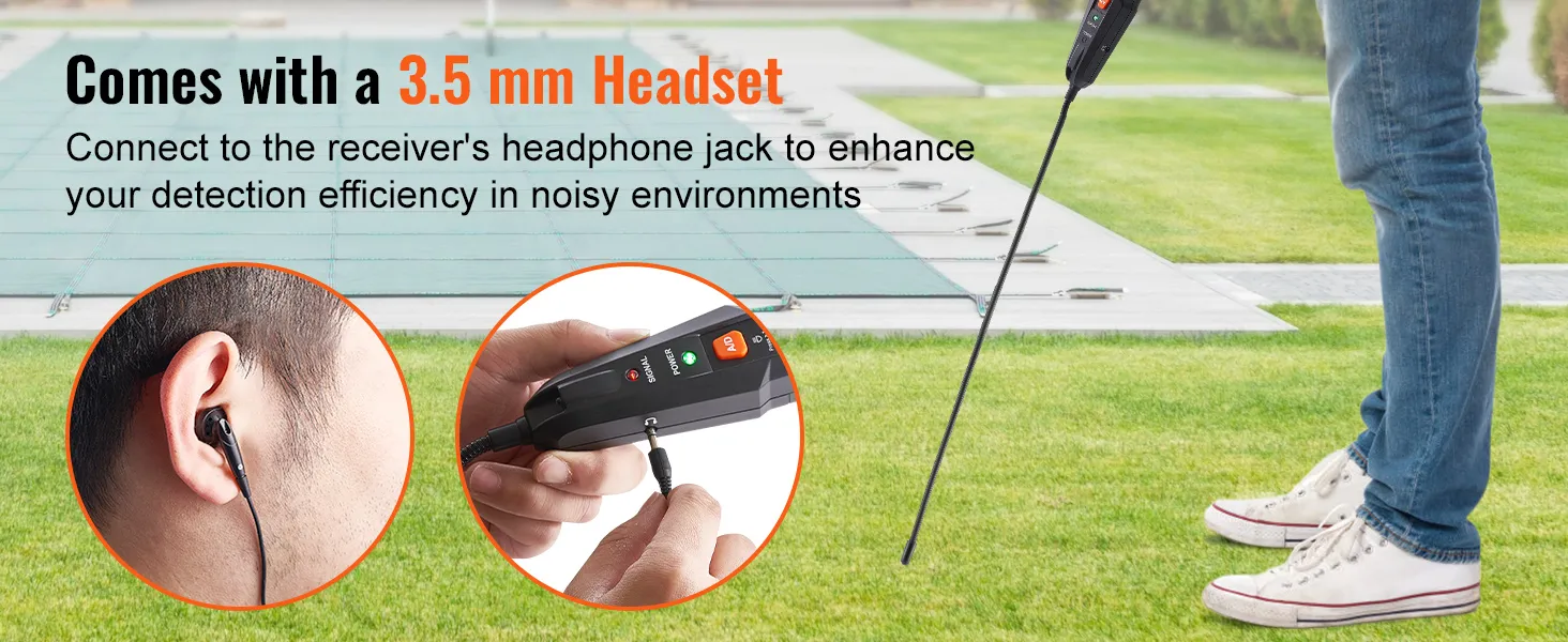 VEVOR ondergrondse kabelzoeker met 3,5 mm hoofdtelefoon voor verbeterde detectie in lawaaiige omgevingen.