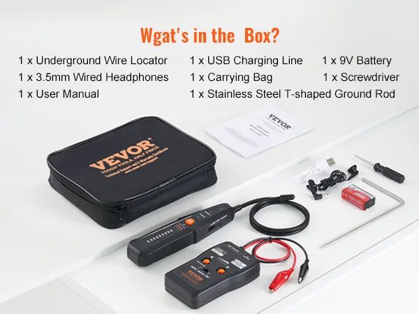VEVOR ondergrondse kabelzoekerset met kabelzoeker, hoofdtelefoon, batterij, tas, schroevendraaier, USB en handleiding.