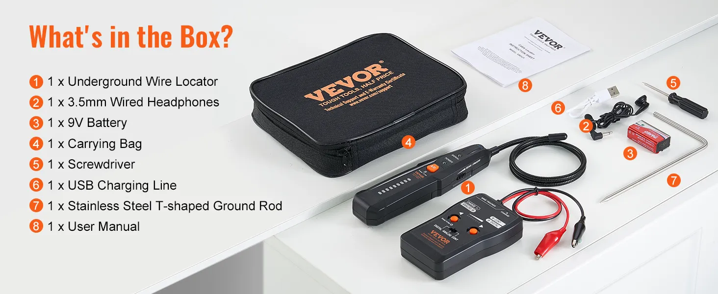 VEVOR ondergrondse kabelzoekerset met kabelzoeker, hoofdtelefoon, batterij, tas, schroevendraaier, USB en handleiding.