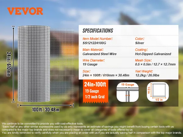 VEVOR hardware cloth roll, 24in x 100ft, 19-gauge galvanized steel wire, 1/2 inch mesh size, silver.
