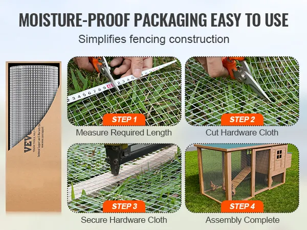 VEVOR hardware cloth packaging, measuring, cutting, securing, and assembly in four steps for fencing.
