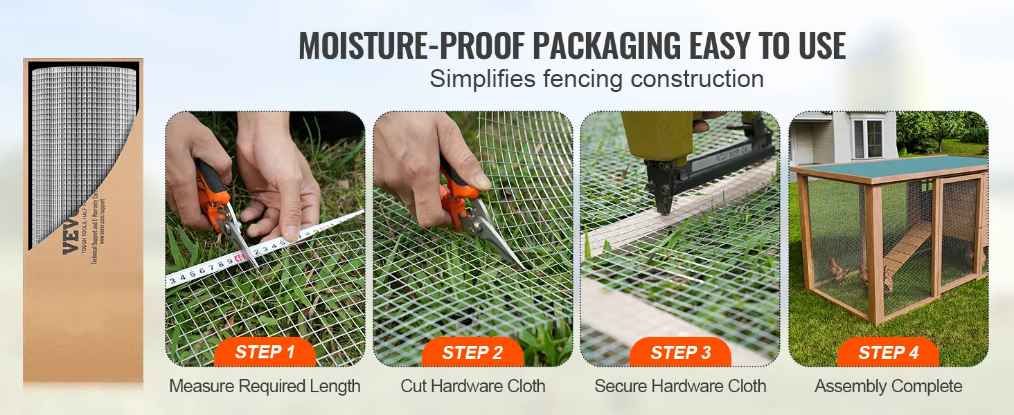 VEVOR hardware cloth packaging, measuring, cutting, securing, and assembly in four steps for fencing.