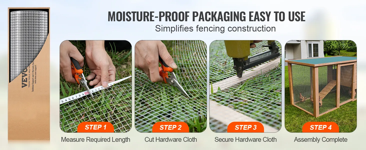 VEVOR hardware cloth step-by-step: measure, cut, secure, complete assembly. moisture-proof packaging.
