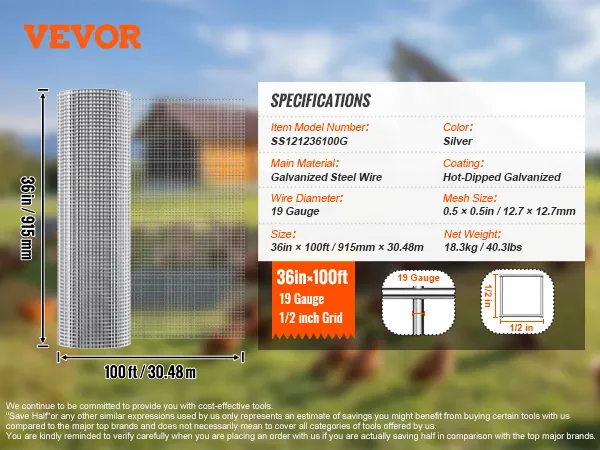 VEVOR-Drahtgeflecht, 36 Zoll x 100 Fuß, Stärke 19, 1/2-Zoll-Gitter, verzinkter Stahldraht, silberfarben.