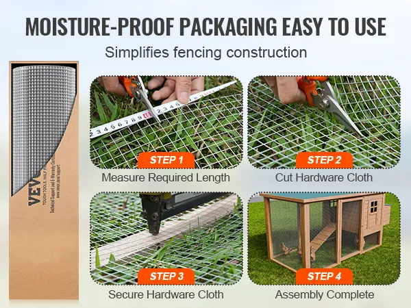 Anleitung für VEVOR-Drahtgewebe: Länge messen, Drahtgewebe zuschneiden, befestigen und Montage abschließen.