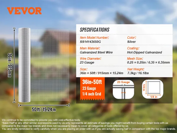 VEVOR hardware cloth, 36in x 50ft roll, 23 gauge galvanized steel wire, 1/4 inch grid mesh, silver color.
