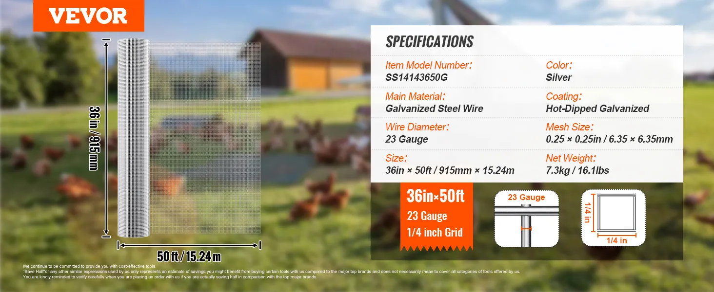 VEVOR hardware cloth, 36in x 50ft roll, 23 gauge galvanized steel wire, 1/4 inch grid mesh, silver color.