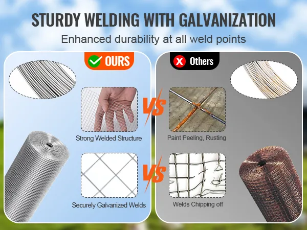comparison of VEVOR hardware cloth's durable, galvanized welds vs competitors' rusting, chipping welds.