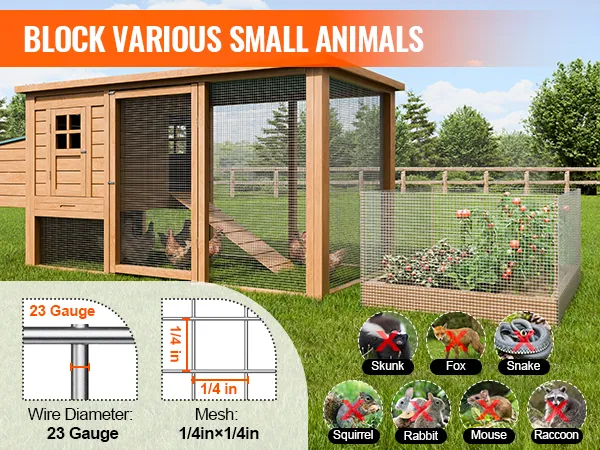 VEVOR hardware cloth blocking various small animals from chicken coop and garden, 23 gauge, 1/4 inch mesh.