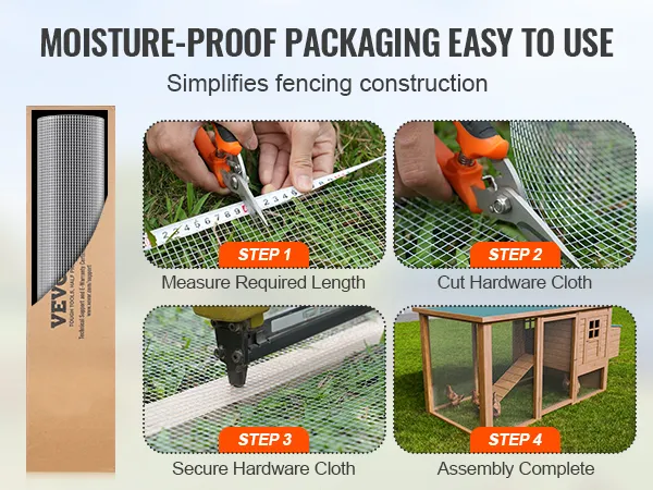 VEVOR hardware cloth: measure, cut, secure, and complete assembly steps for fencing construction.