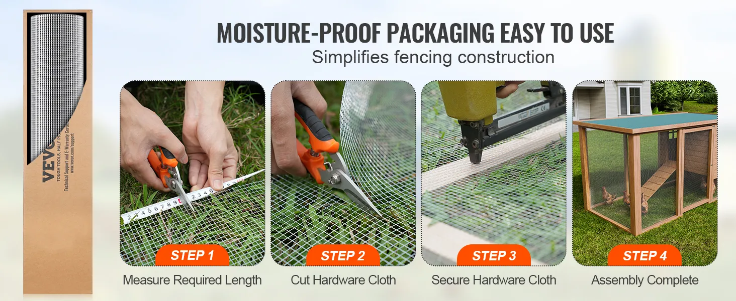 VEVOR hardware cloth: measure, cut, secure, and complete assembly steps for fencing construction.
