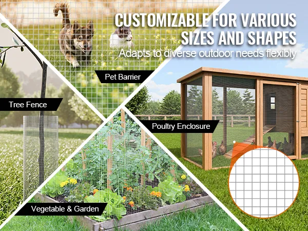 tree protected by fence, dog behind mesh, poultry in enclosure, garden plants. VEVOR hardware cloth use.