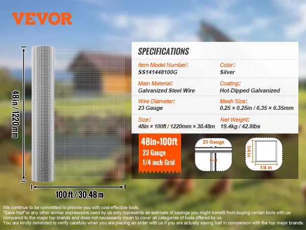 VEVOR hardware cloth specifications, 48in×100ft, 23 gauge galvanized steel wire, 1/4 inch grid.