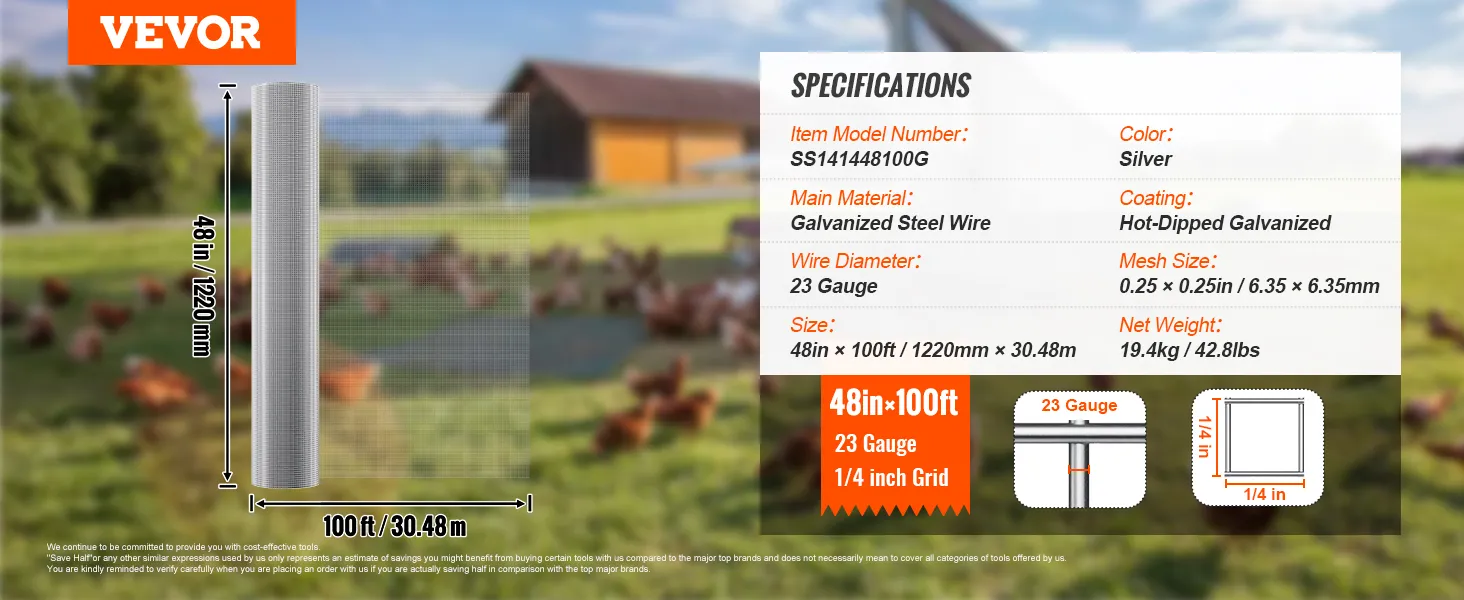 VEVOR hardware cloth specifications, 48in×100ft, 23 gauge galvanized steel wire, 1/4 inch grid.