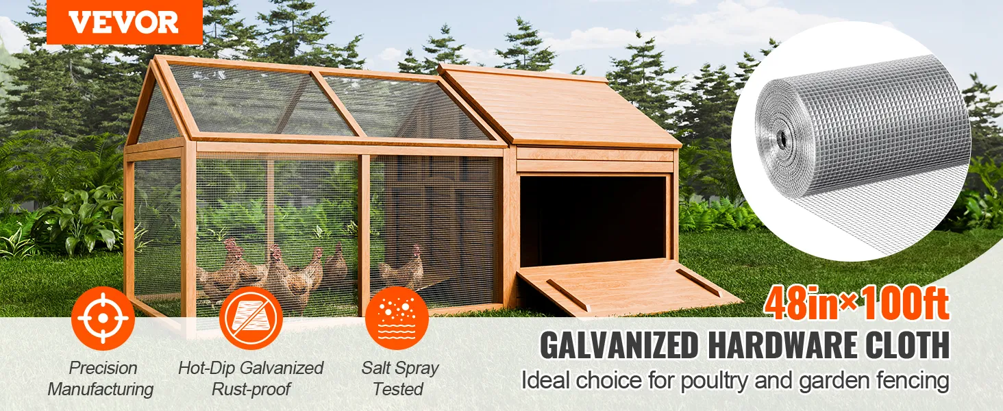 VEVOR hardware cloth for poultry housing and garden fencing, featuring galvanized rust-proof mesh.