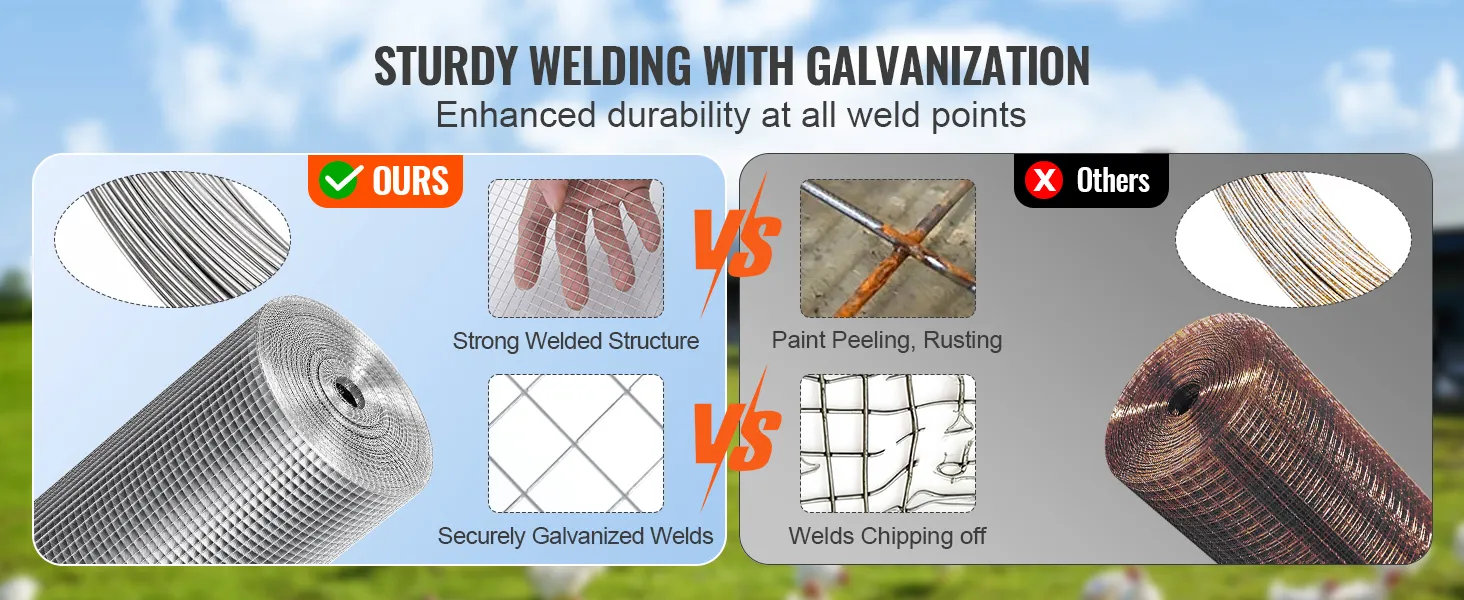 VEVOR hardware cloth vs others: strong welded structure, secure galvanization vs peeling, rusting.