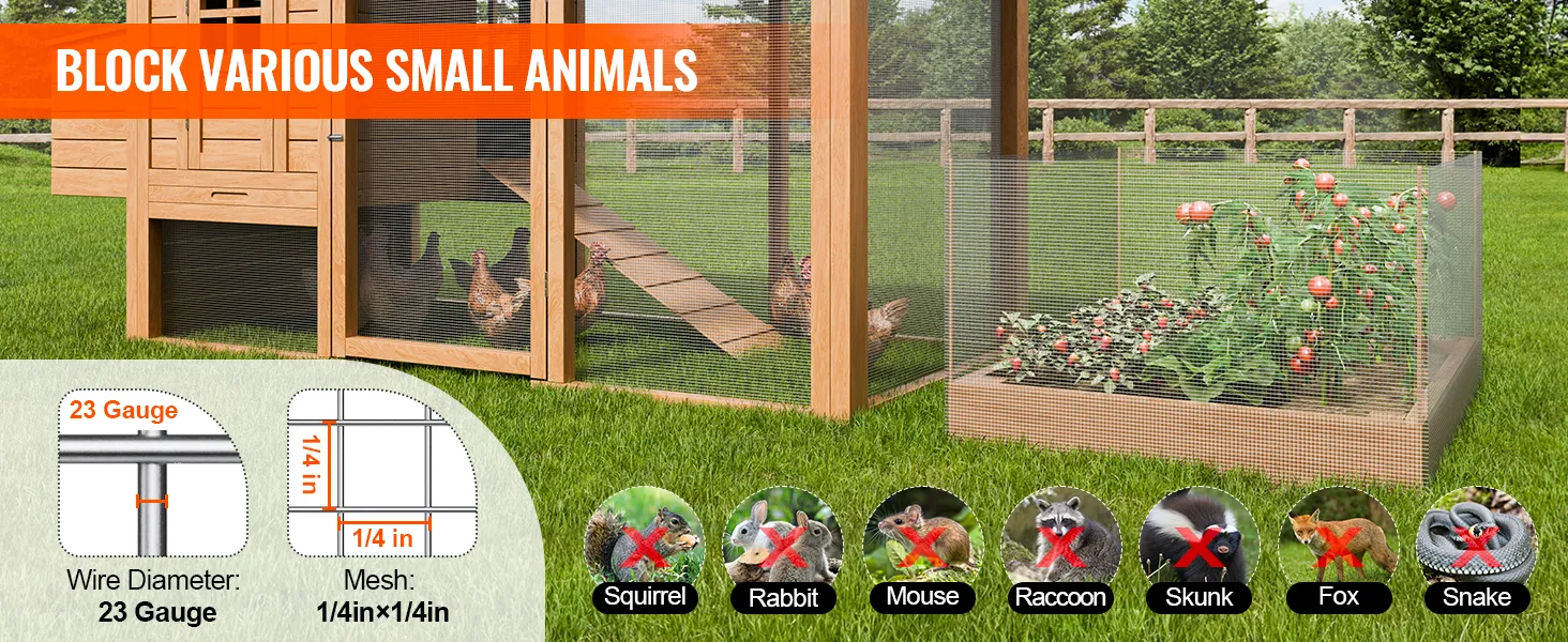 VEVOR hardware cloth enclosure blocks small animals like squirrels, rabbits, and raccoons with 23 gauge wire.