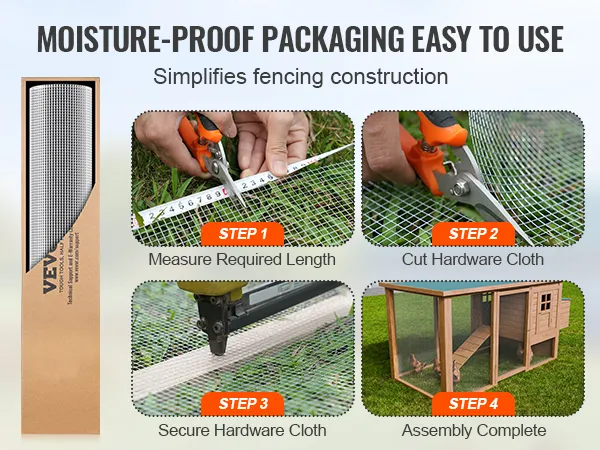 VEVOR hardware cloth packaging, measuring, cutting, securing, and assembled wooden chicken coop.