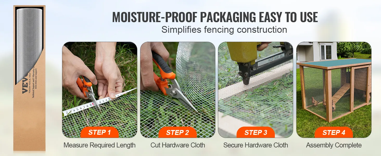 VEVOR hardware cloth packaging, measuring, cutting, securing, and assembled wooden chicken coop.
