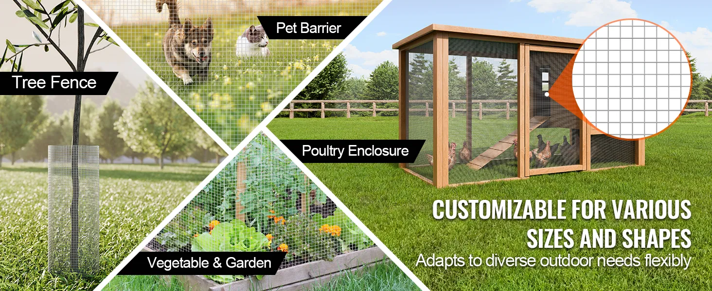 tree fence, vegetable garden, pet barrier, poultry enclosure made with VEVOR hardware cloth; customizable.