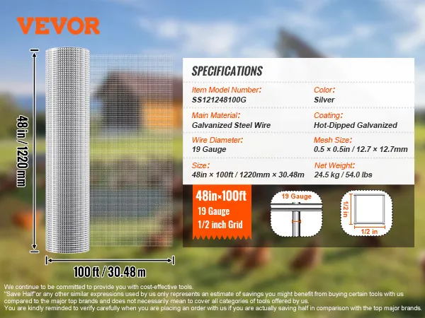 VEVOR hardware cloth, 48in x 100ft, 19 gauge, 1/2 inch grid, galvanized steel wire, silver. specifications included.