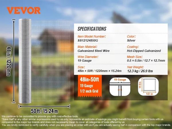 VEVOR hardware cloth roll, 48in x 50ft, galvanized steel wire, 19 gauge, 1/2 inch grid, specifications text.
