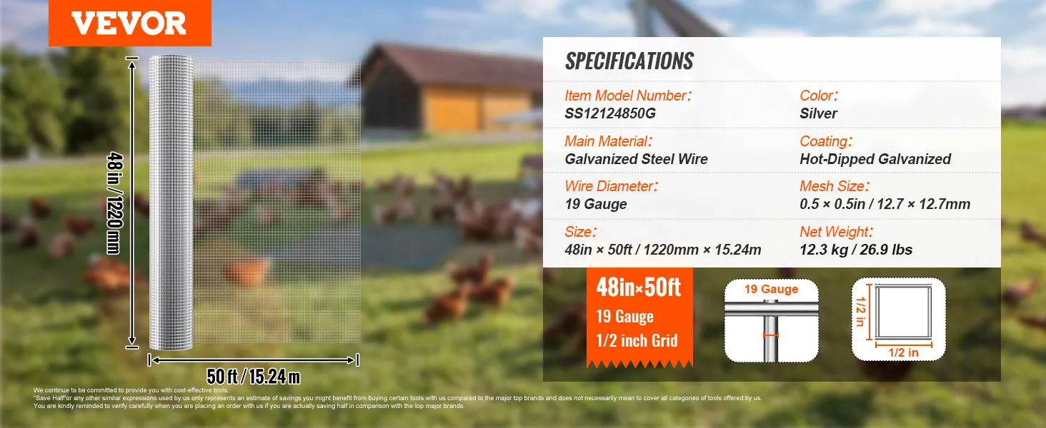 VEVOR hardware cloth roll, 48in x 50ft, galvanized steel wire, 19 gauge, 1/2 inch grid, specifications text.