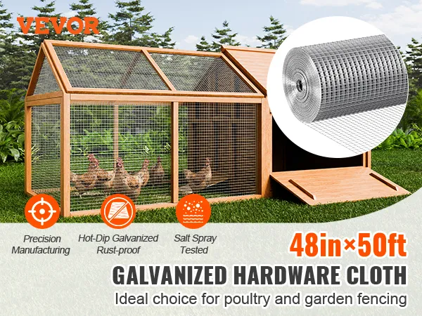 VEVOR hardware cloth, galvanized and rust-proof, 48in x 50ft, ideal for poultry and garden fencing.