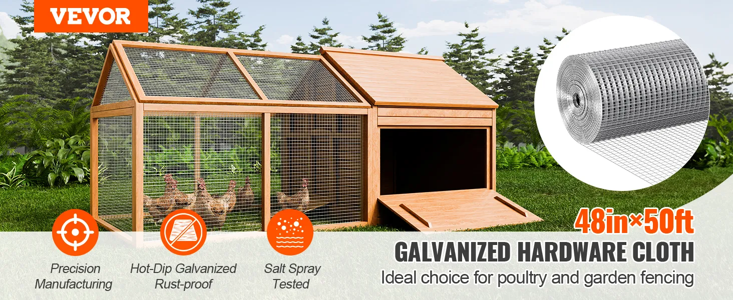 VEVOR hardware cloth, galvanized and rust-proof, 48in x 50ft, ideal for poultry and garden fencing.