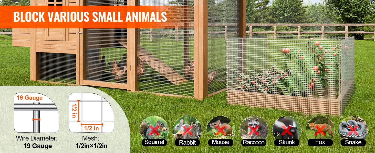 VEVOR hardware cloth blocking small animals from chicken coop and garden with 19-gauge wire diameter.
