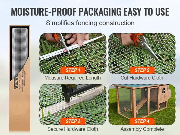 VEVOR hardware cloth in moisture-proof packaging, showcasing measuring, cutting, securing, and assembly steps.