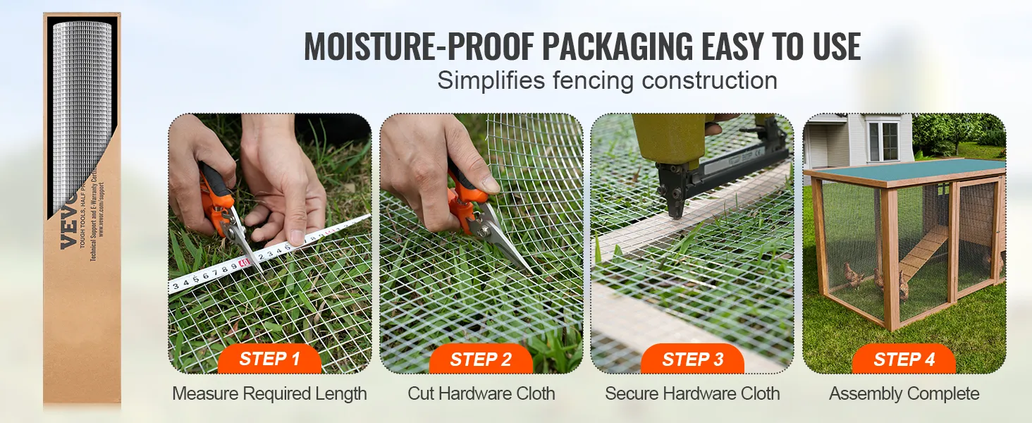 VEVOR hardware cloth in moisture-proof packaging, showcasing measuring, cutting, securing, and assembly steps.