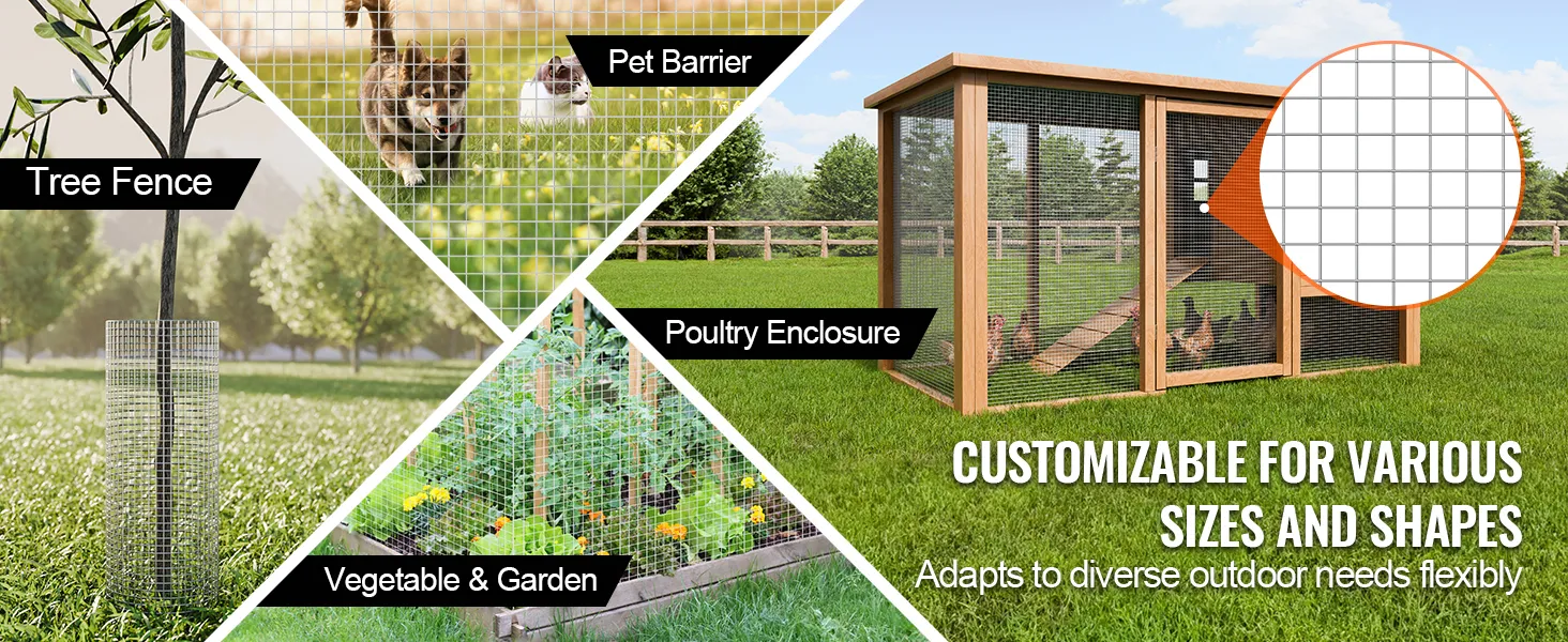VEVOR hardware cloth for tree fence, pet barrier, poultry enclosure, and vegetable garden uses.