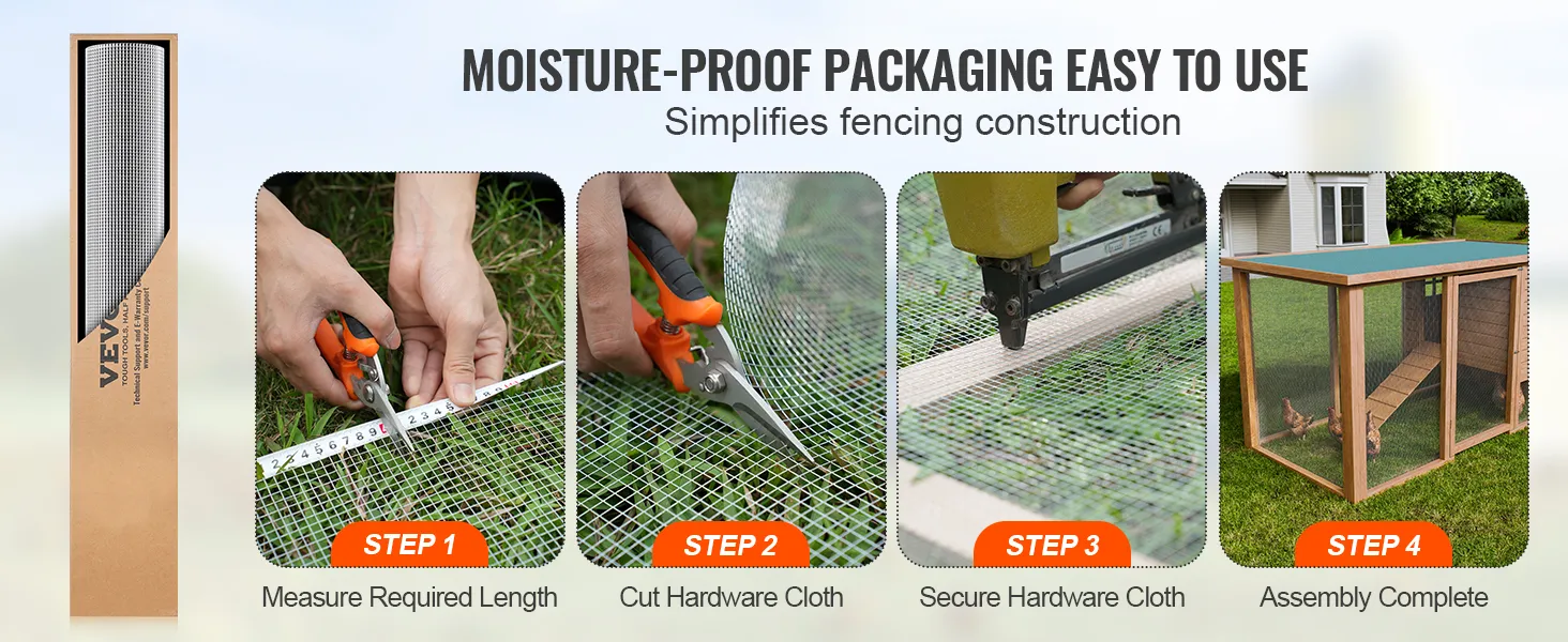 VEVOR hardware cloth packaging and installation steps for building a chicken coop.