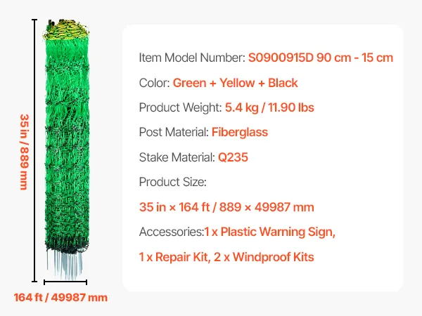 VEVOR electric fence netting, 164ft fiberglass fence with repair kits, warning sign, and windproof kits.