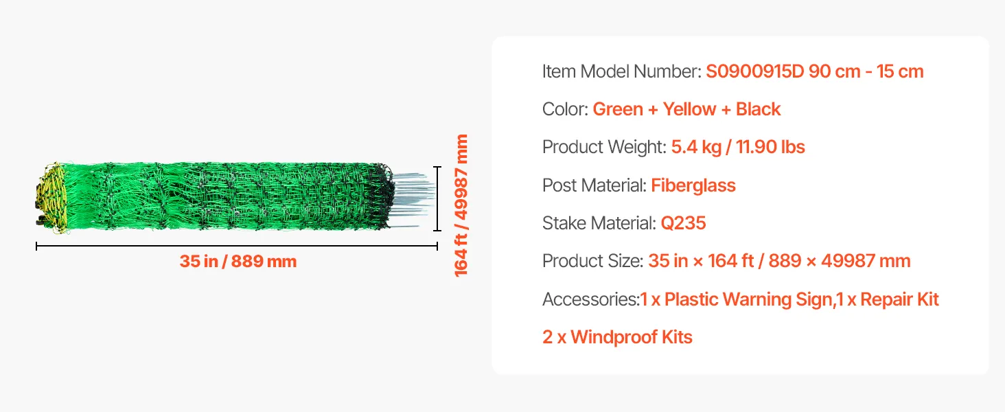 VEVOR electric fence netting, 164ft fiberglass fence with repair kits, warning sign, and windproof kits.