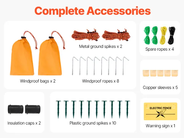 multi-layer reinforced VEVOR electric fence netting with steel stakes, fiberglass posts, and windproof ropes.