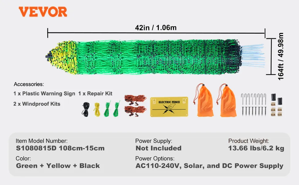 VEVOR Electric Fence Netting, 42" H x 164' L, PE Net Fencing with Posts & Double-Spiked Stakes, Utility Portable Mesh for Goats, Sheep, Lambs, Deer, Hogs, Dogs, Used in Backyards, Farms, and Ranches